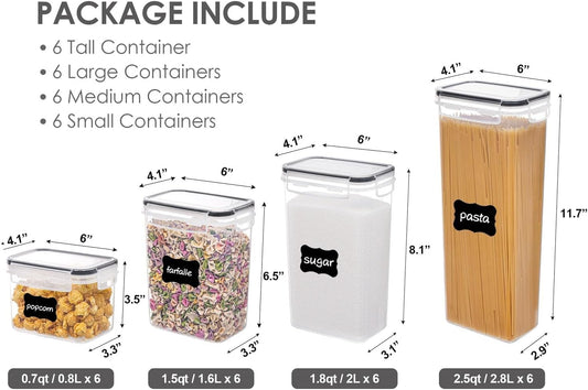 Airtight Food Storage Containers with Lids, 24 Pcs Plastic Kitchen and Pantry Organization Canisters for Cereal, Dry Food, Flour and Sugar, Includes 24 Labels,Black