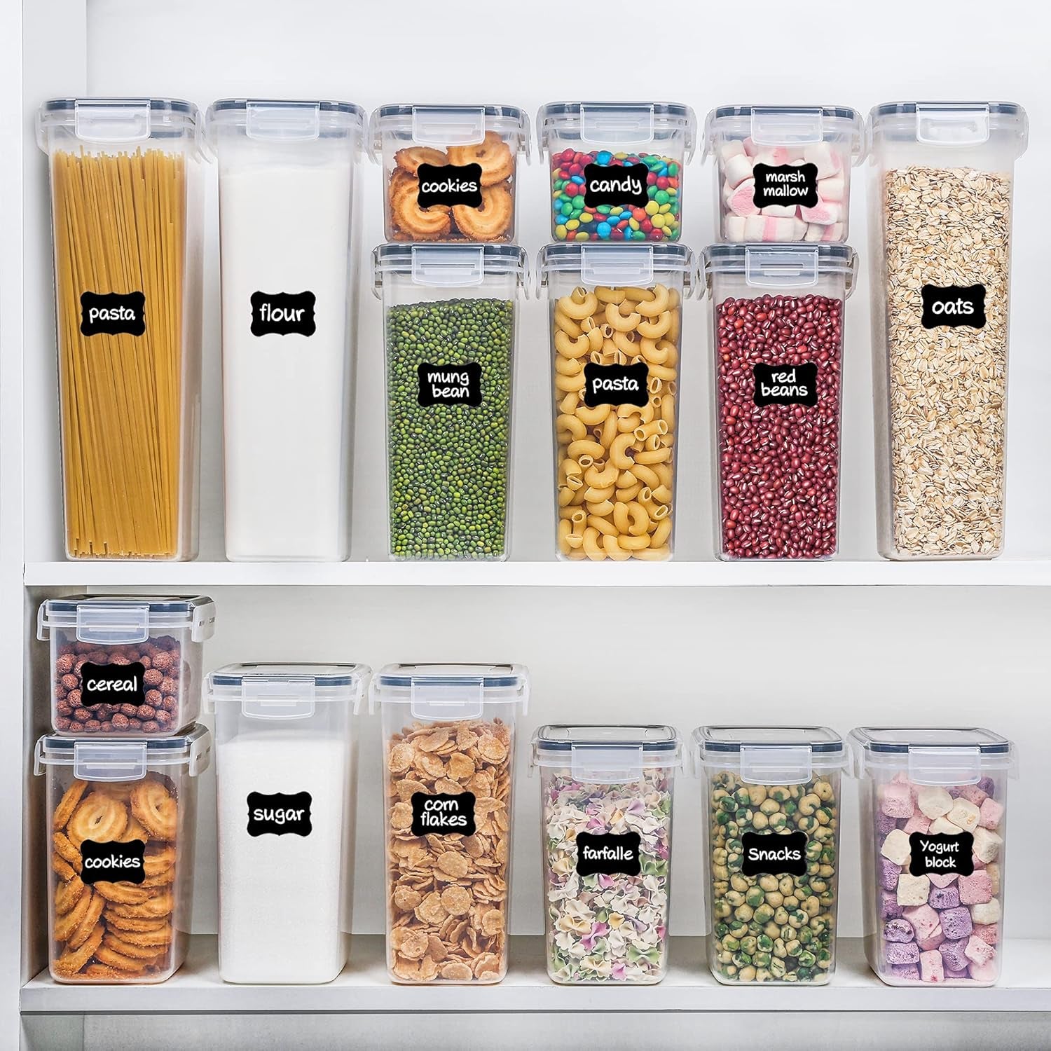 Airtight Food Storage Containers with Lids,  24 Pcs Plastic Kitchen and Pantry Organization Canisters for Cereal, Dry Food, Flour and Sugar, Includes 24 Labels，Black