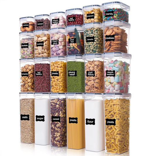 Airtight Food Storage Containers with Lids,  24 Pcs Plastic Kitchen and Pantry Organization Canisters for Cereal, Dry Food, Flour and Sugar, Includes 24 Labels，Black