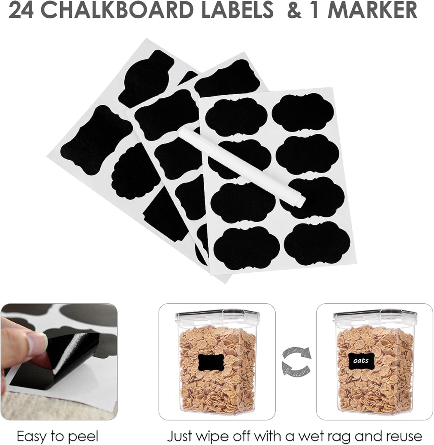 Airtight Food Storage Containers with Lids,  24 Pcs Plastic Kitchen and Pantry Organization Canisters for Cereal, Dry Food, Flour and Sugar, Includes 24 Labels，Black