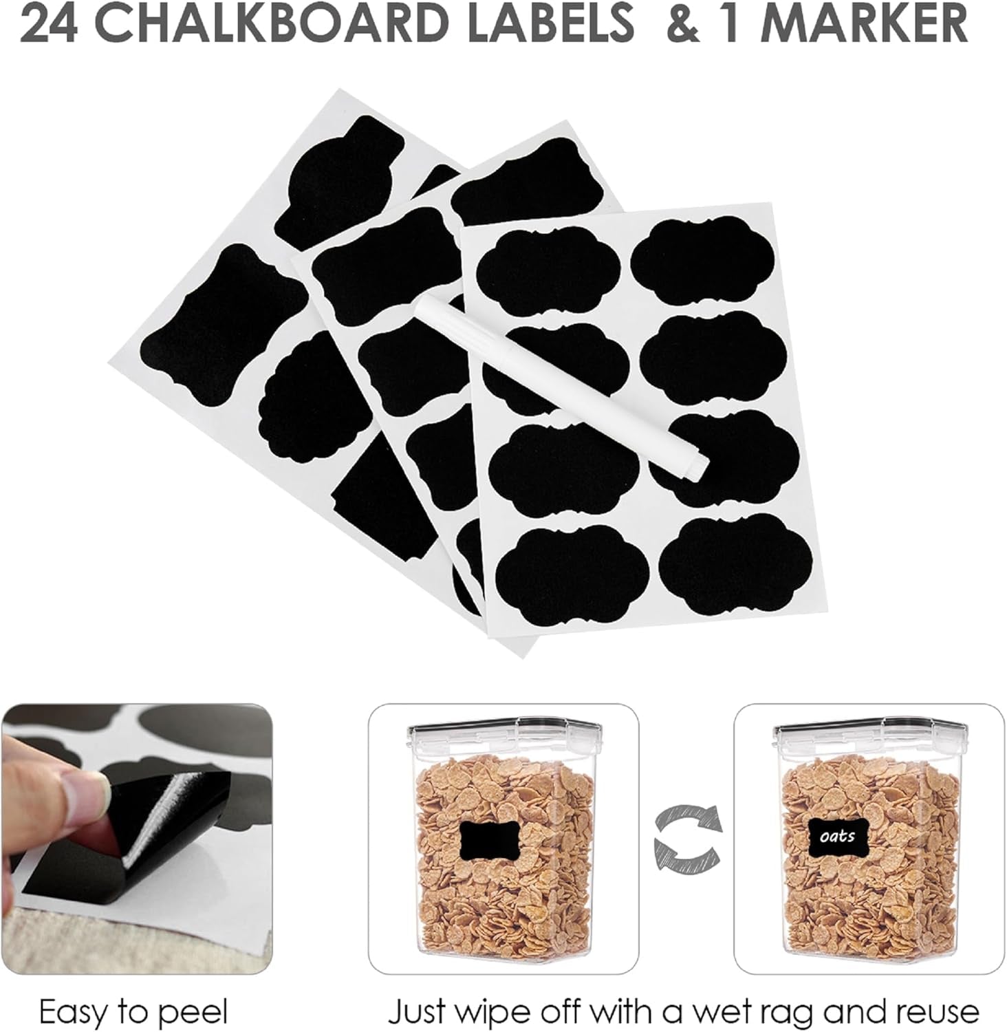 Airtight Food Storage Containers with Lids,  24 Pcs Plastic Kitchen and Pantry Organization Canisters for Cereal, Dry Food, Flour and Sugar, Includes 24 Labels，Black