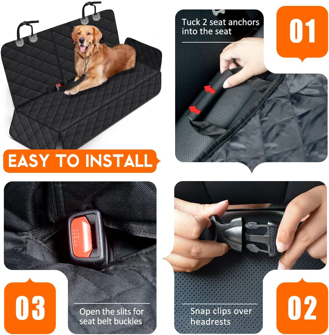 Dog Car Seat Cover - Waterproof Back Seat Protector for Pets, Non-Slip Design with Armrest Compatibility for Most Cars, Trucks, and SUVs - Black