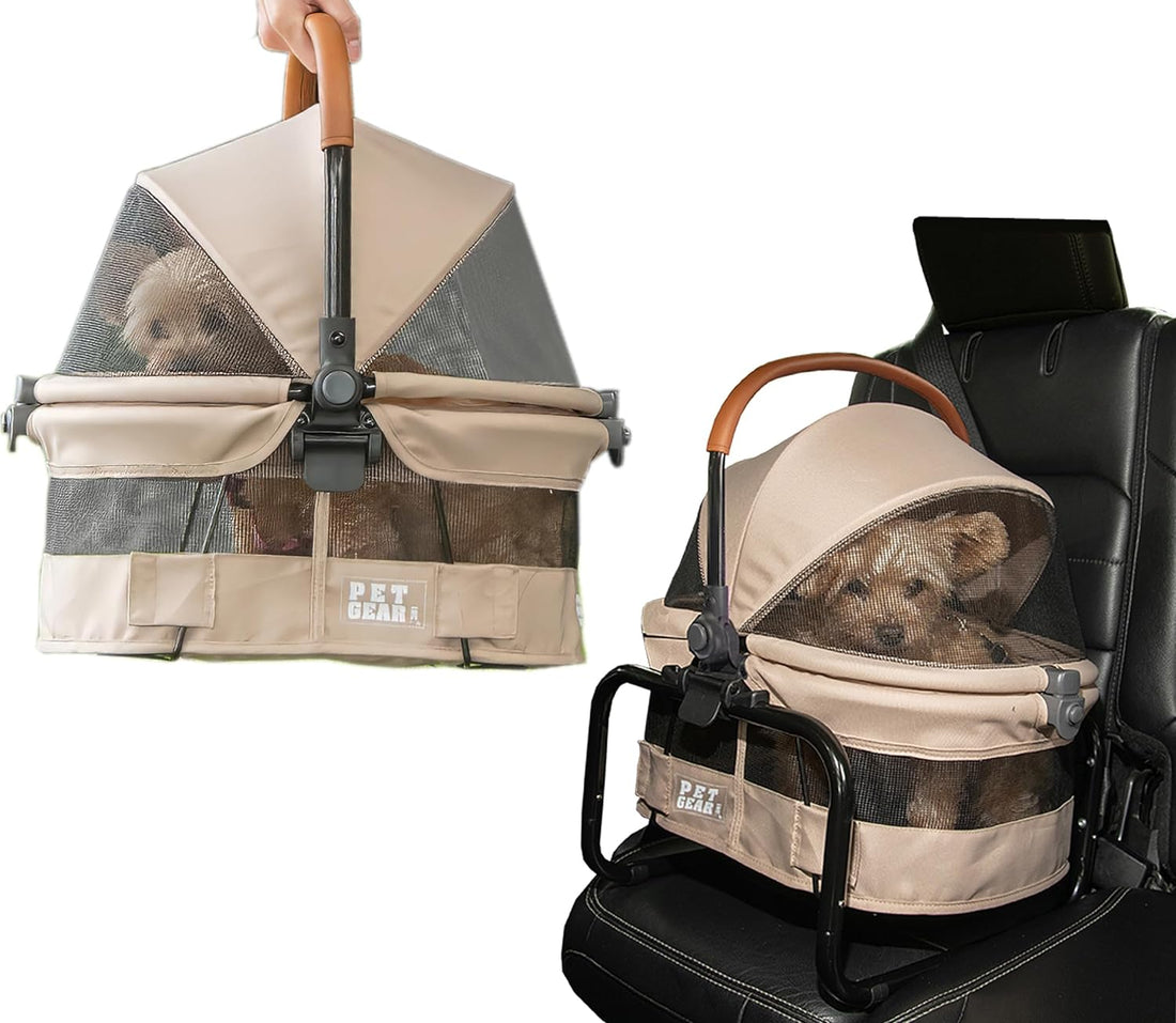 Pet Gear View 360 Ultra Lite Pet Safety Carrier & Car Seat for Small Dogs & Cats Push Button Entry, 15", Sand